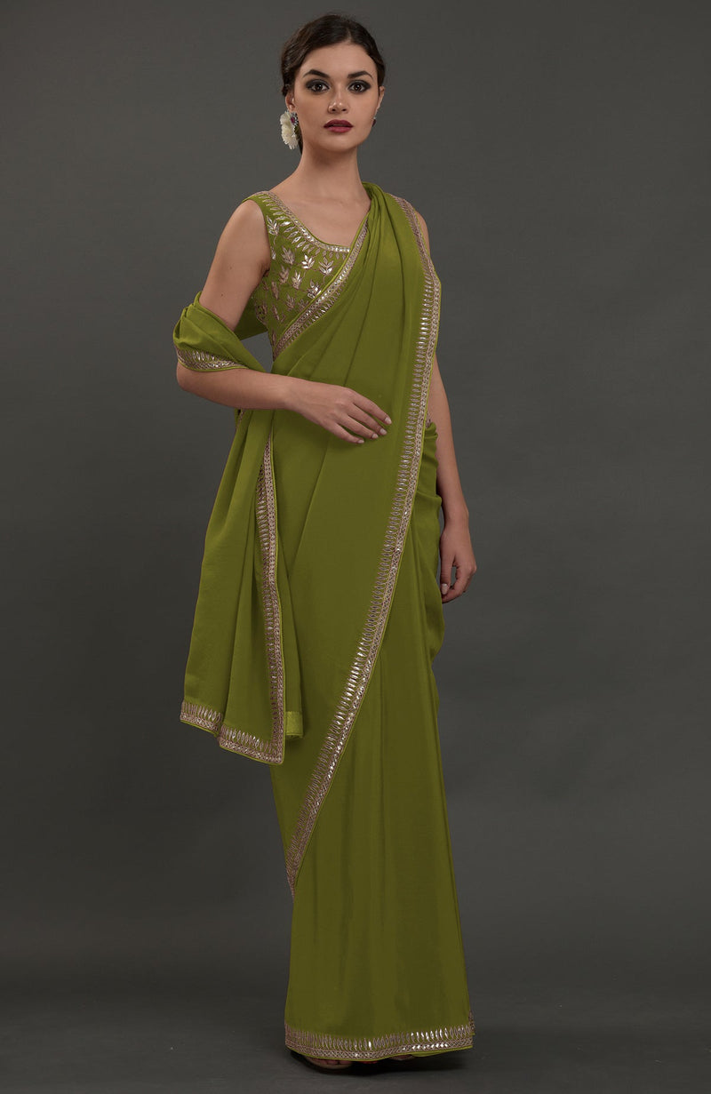 Avocado Green Embroidered Gota Patti Saree