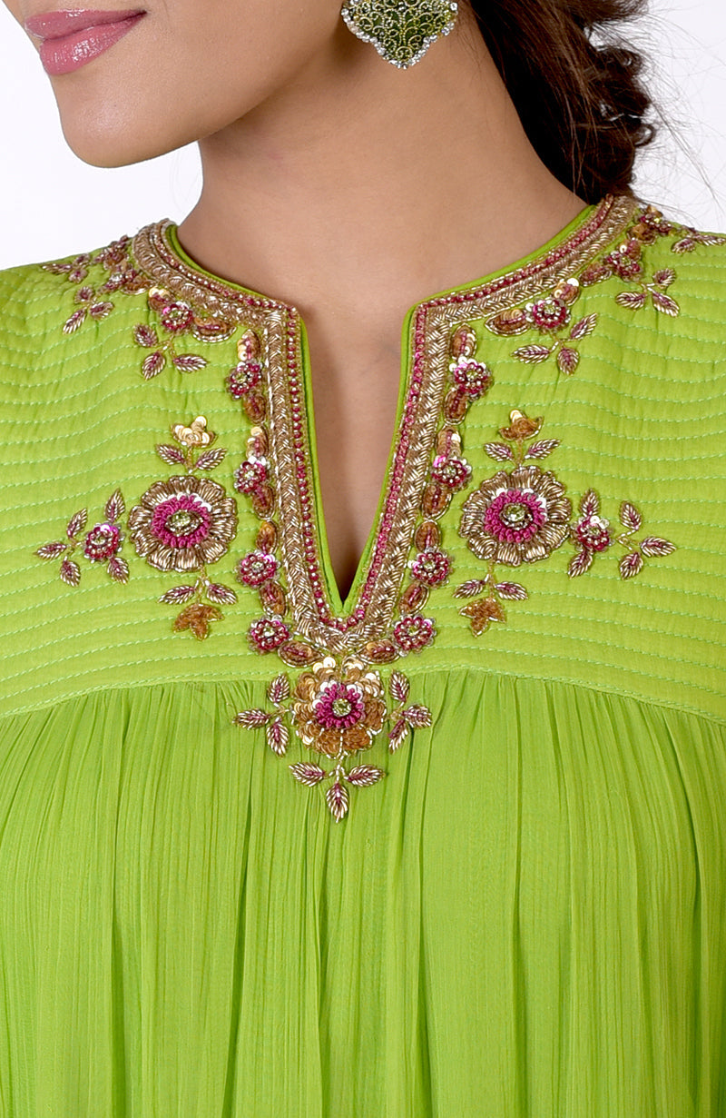 Green Glow Hand Embroidered Tiered Dress