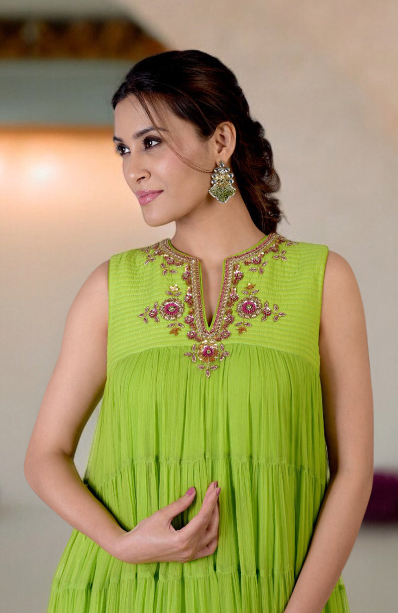 Green Glow Hand Embroidered Tiered Dress