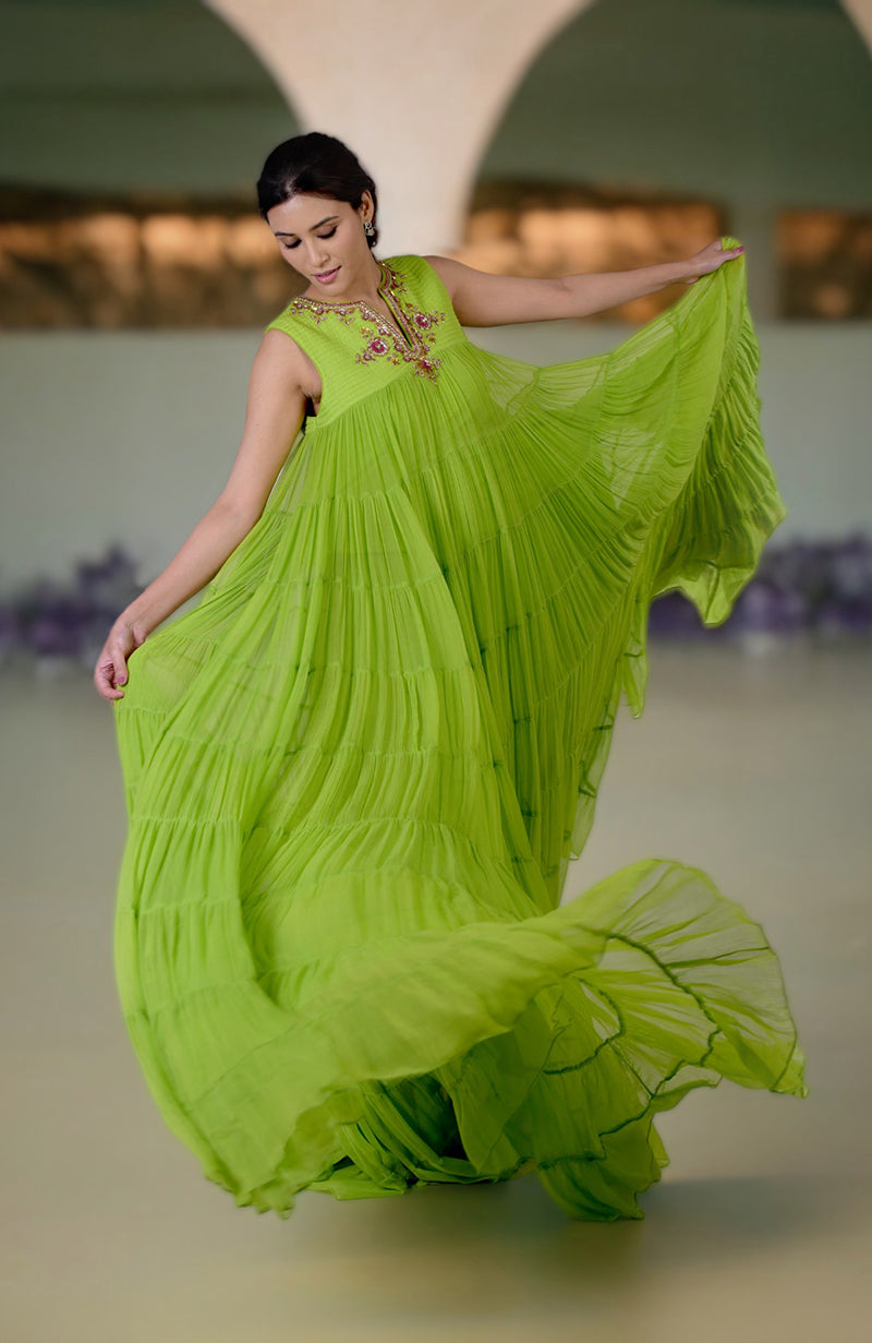 Green Glow Hand Embroidered Tiered Dress