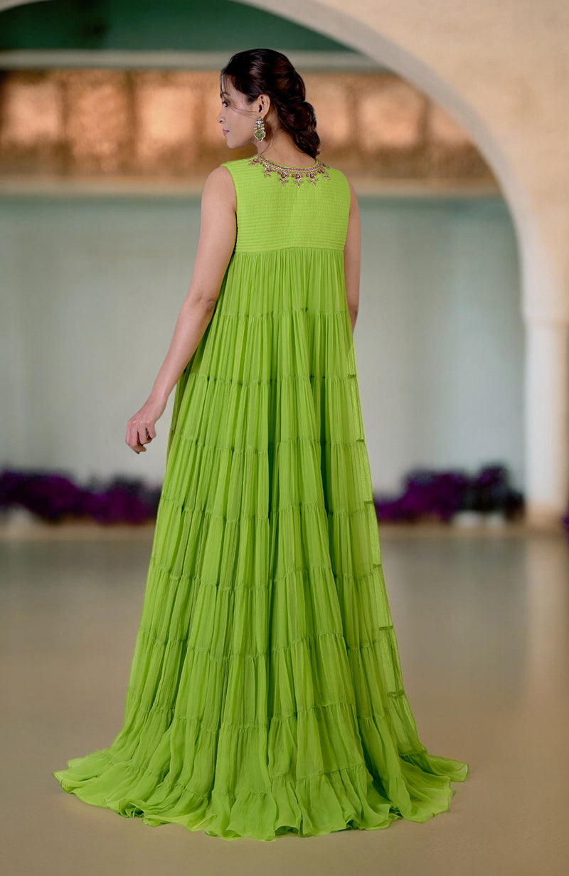 Green Glow Hand Embroidered Tiered Dress