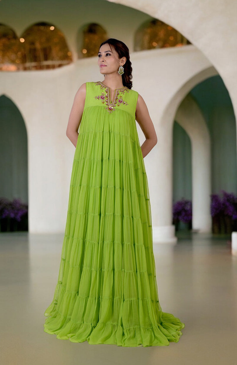 Green Glow Hand Embroidered Tiered Dress