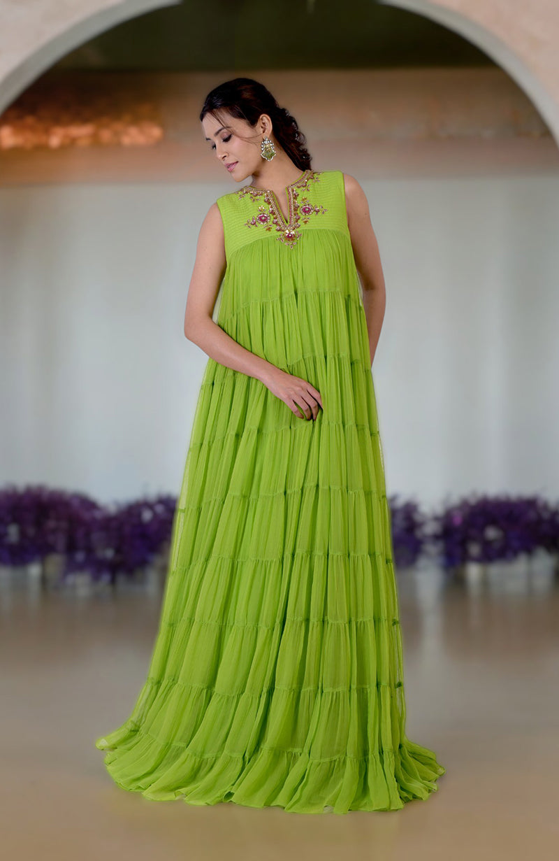 Green Glow Hand Embroidered Tiered Dress