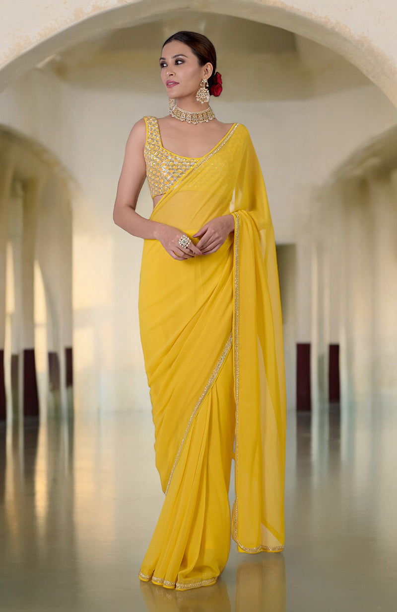 Tara- Daffodil Yellow Hand Embroidered Saree