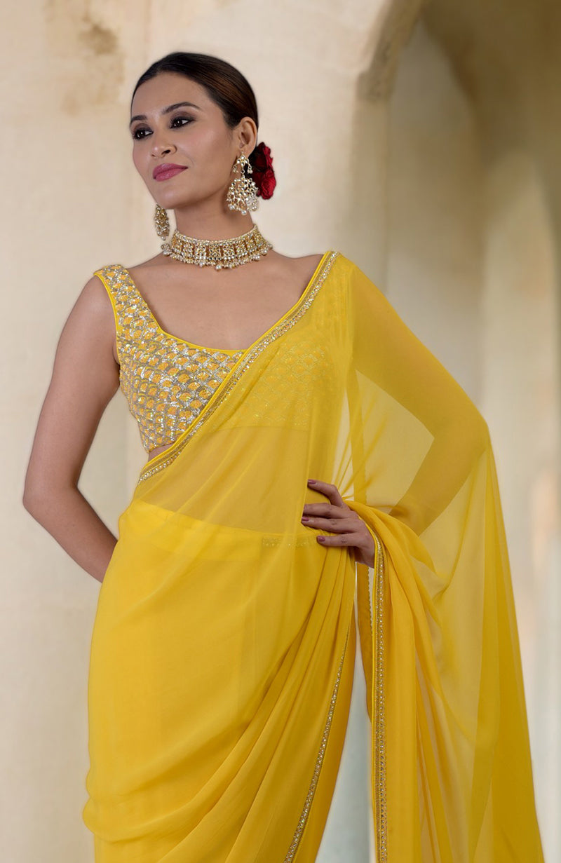 Tara- Daffodil Yellow Hand Embroidered Saree