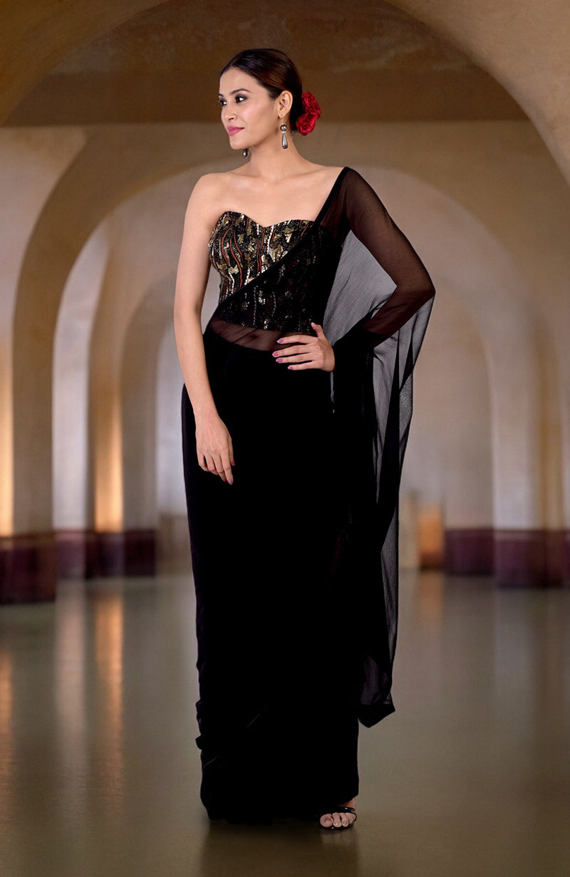 Woodstock Hand Embroidered Corset and Saree Set