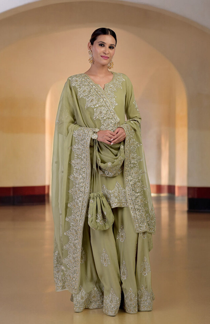 Proud Peacock Gold Kashmiri Tilla & Zardozi Hand Embroidered Sharara Set