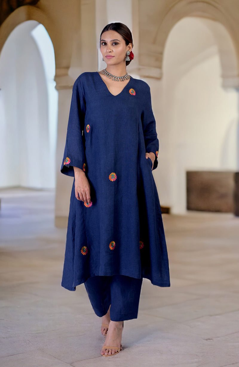 Navy Blue Kashidakari Embroidered Linen Kurta Set