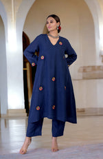 Navy Blue Kashidakari Embroidered Linen Kurta Set