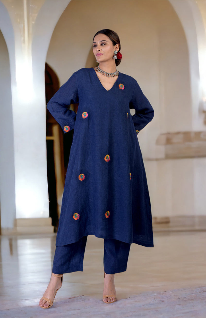 Navy Blue Kashidakari Embroidered Linen Kurta Set