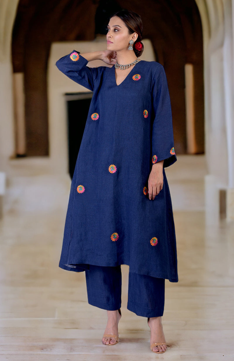 Navy Blue Kashidakari Embroidered Linen Kurta Set