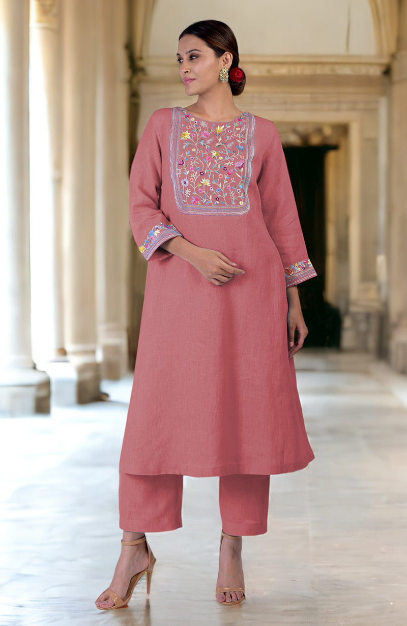 Living Coral Parsi Gara Embroidered Linen Kurta Set