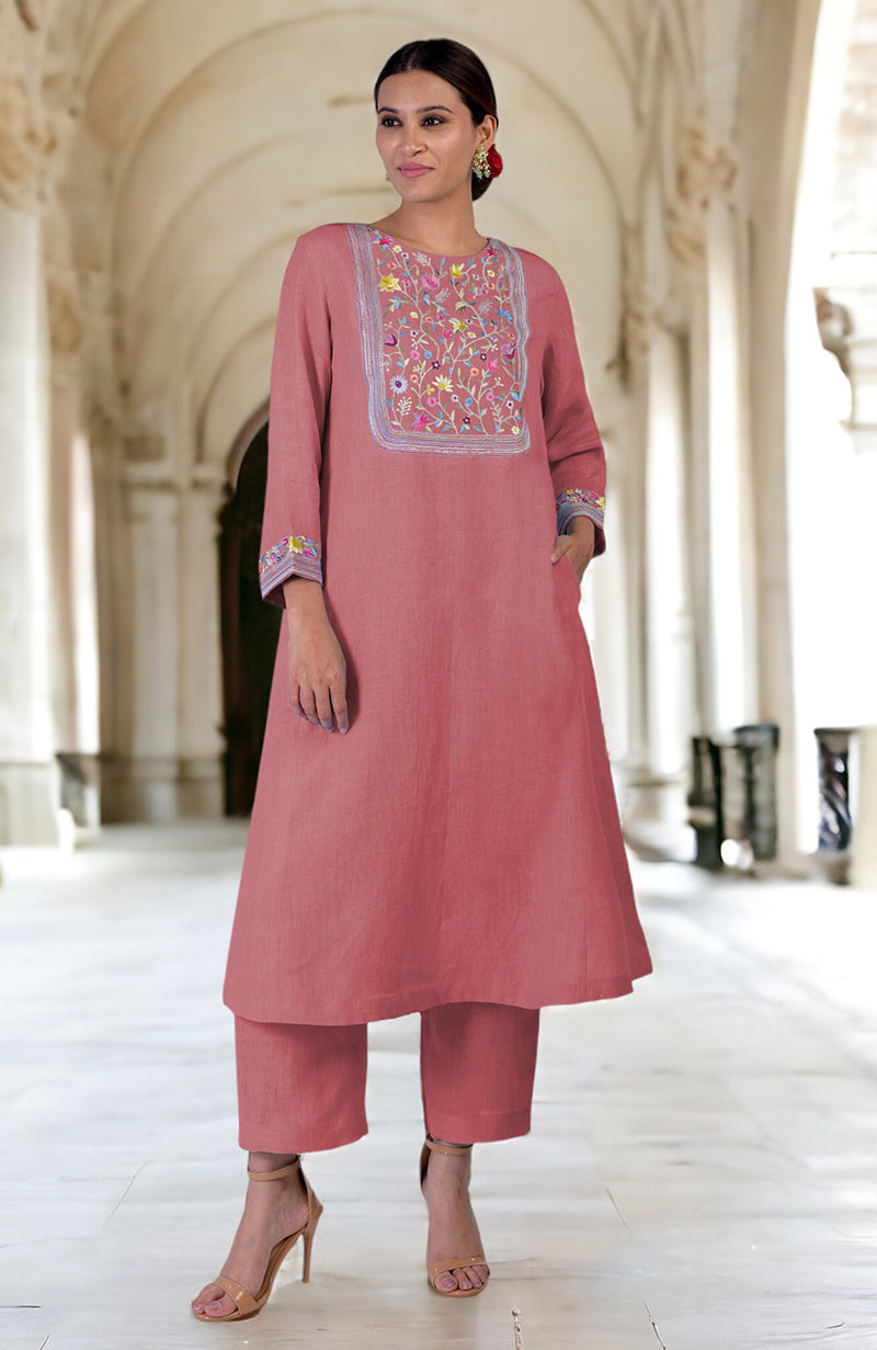 Desert Rose Parsi Gara Embroidered Linen Kurta Set