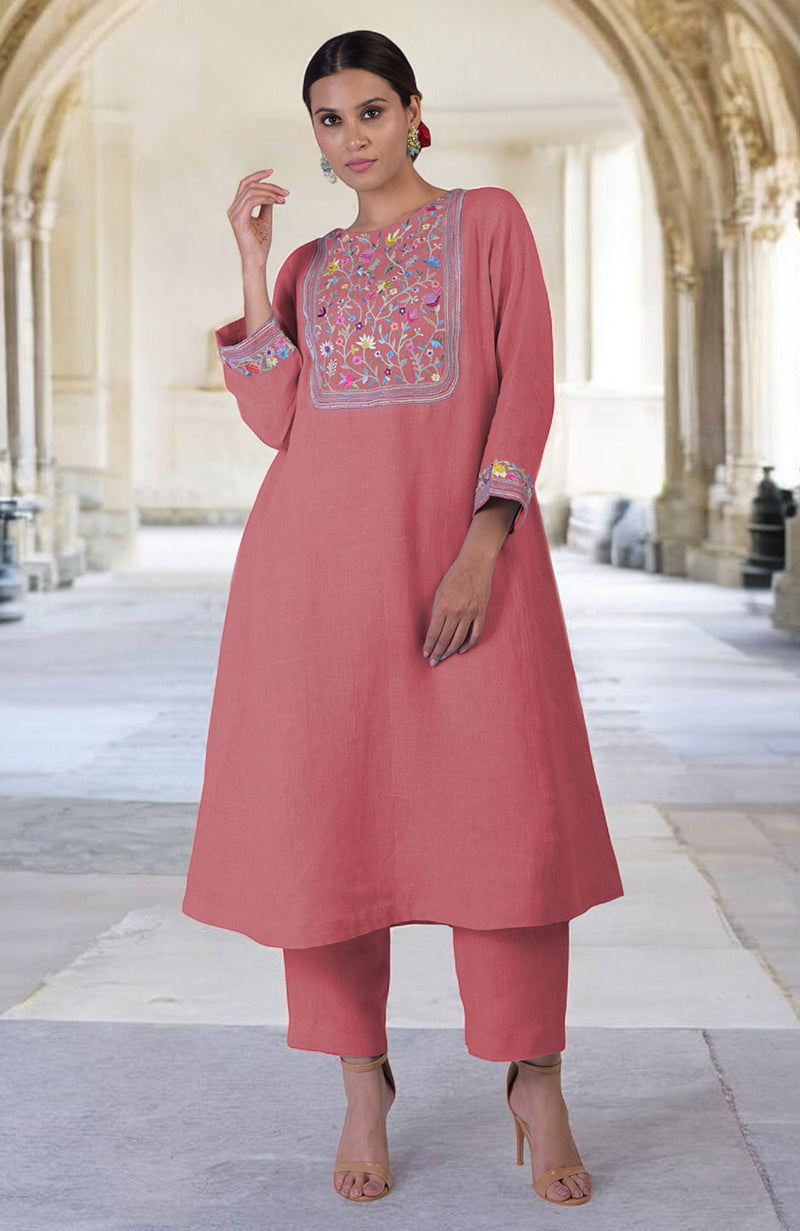 Desert Rose Parsi Gara Embroidered Linen Kurta Set