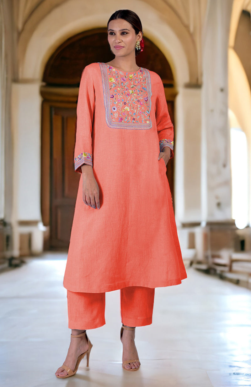 Living Coral Parsi Gara Embroidered Linen Kurta Set