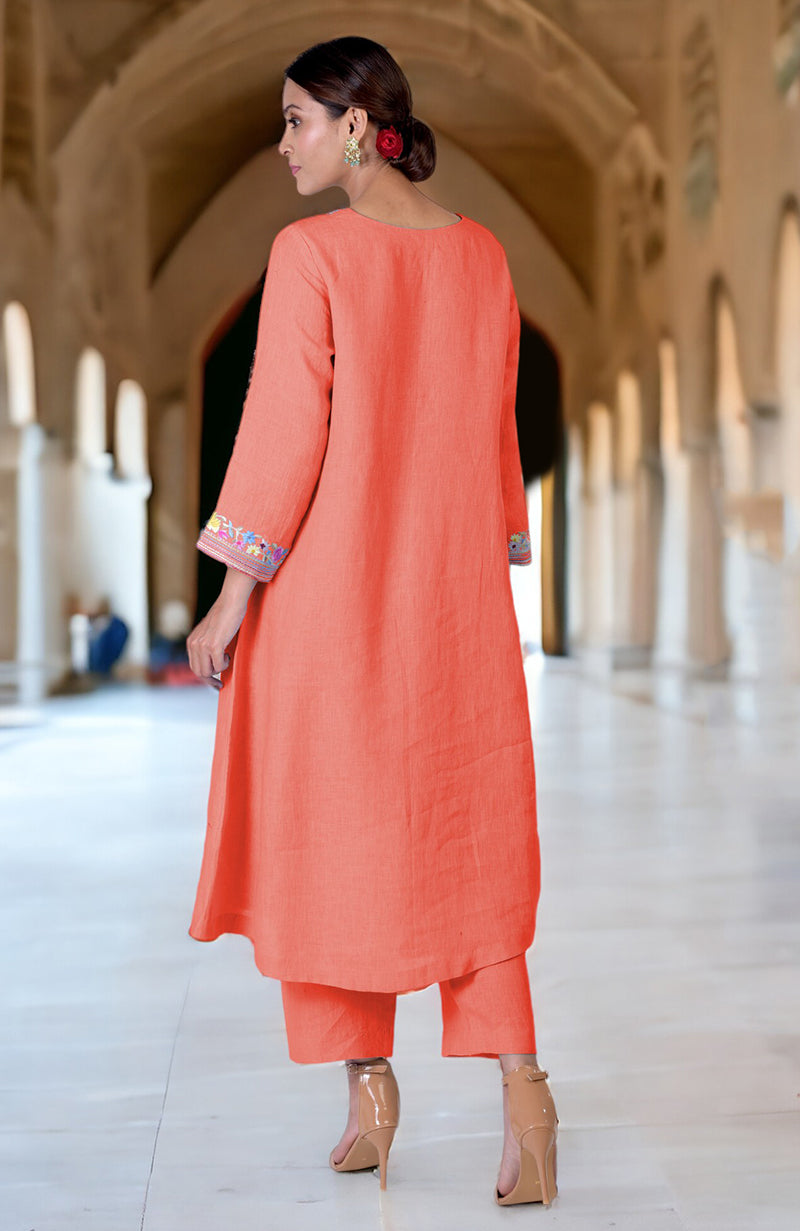 Living Coral Parsi Gara Embroidered Linen Kurta Set