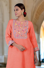 Living Coral Parsi Gara Embroidered Linen Kurta Set