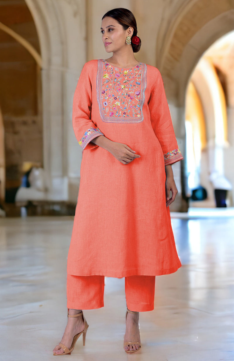 Living Coral Parsi Gara Embroidered Linen Kurta Set