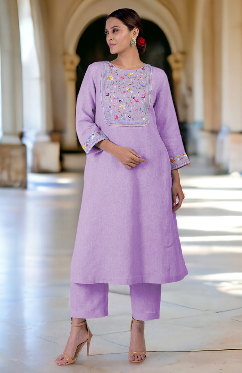 Living Coral Parsi Gara Embroidered Linen Kurta Set