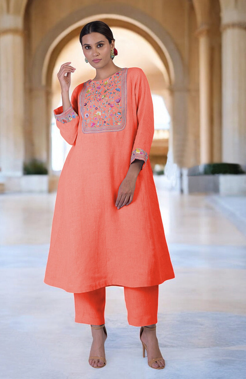 Living Coral Parsi Gara Embroidered Linen Kurta Set