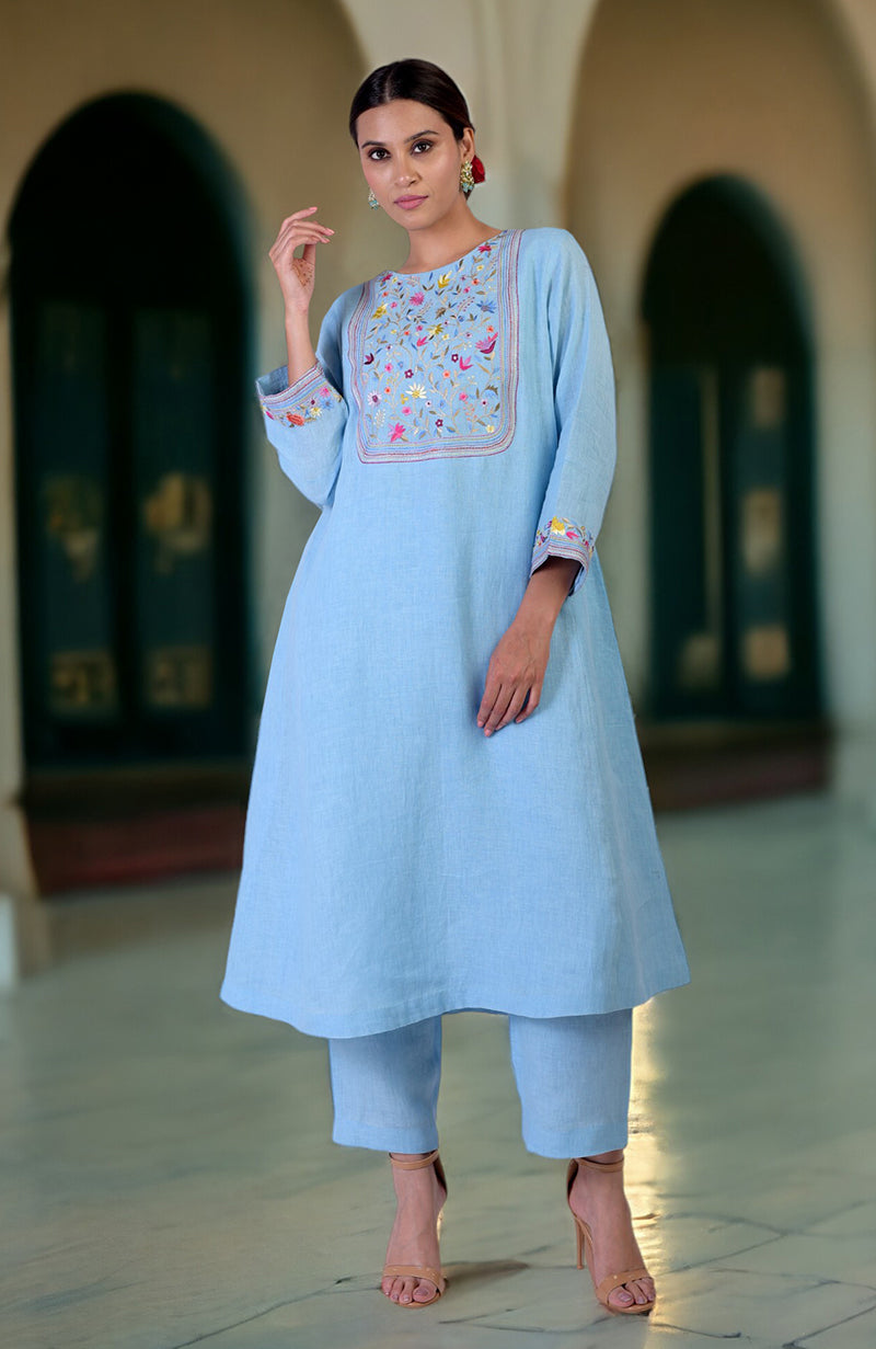 Cerulean Blue Parsi Gara Embroidered Linen Kurta Set