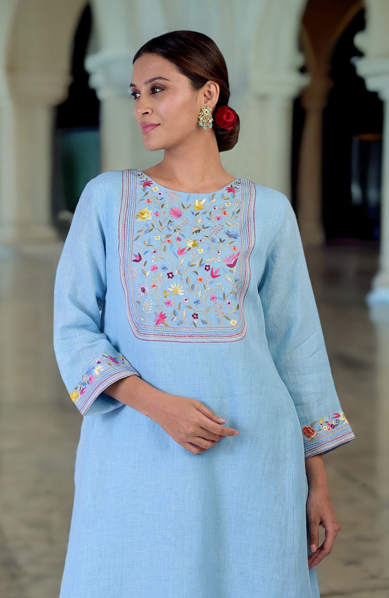Cerulean Blue Parsi Gara Embroidered Linen Kurta Set