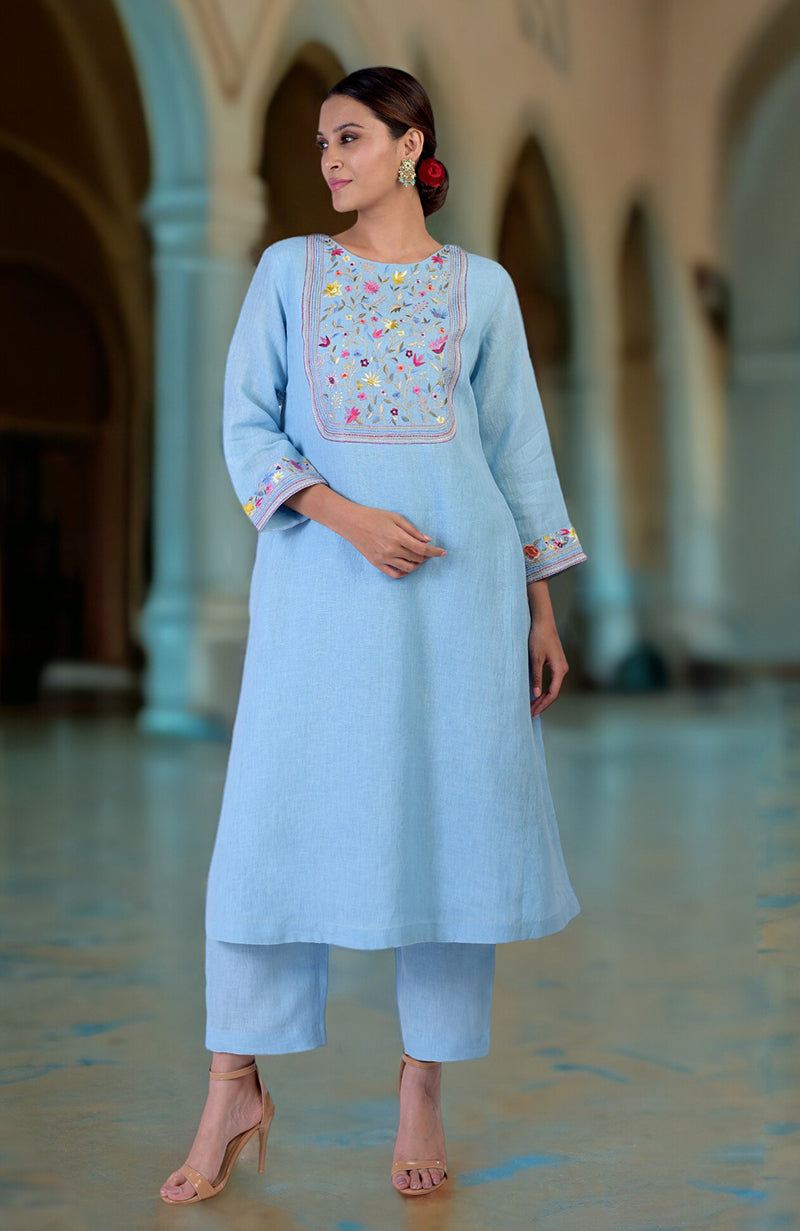 Cerulean Blue Parsi Gara Embroidered Linen Kurta Set
