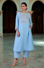 Cerulean Blue Parsi Gara Embroidered Linen Kurta Set