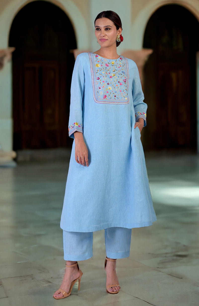 Cerulean Blue Parsi Gara Embroidered Linen Kurta Set