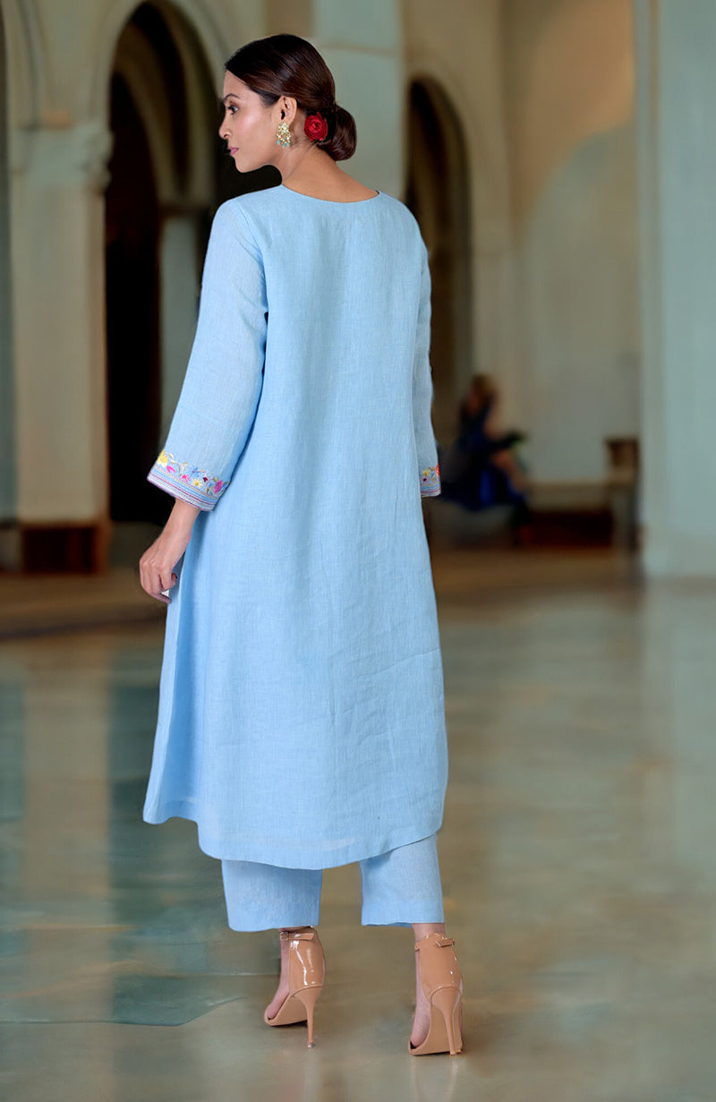 Cerulean Blue Parsi Gara Embroidered Linen Kurta Set