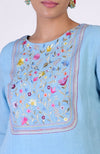 Cerulean Blue Parsi Gara Embroidered Linen Kurta Set