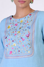 Cerulean Blue Parsi Gara Embroidered Linen Kurta Set
