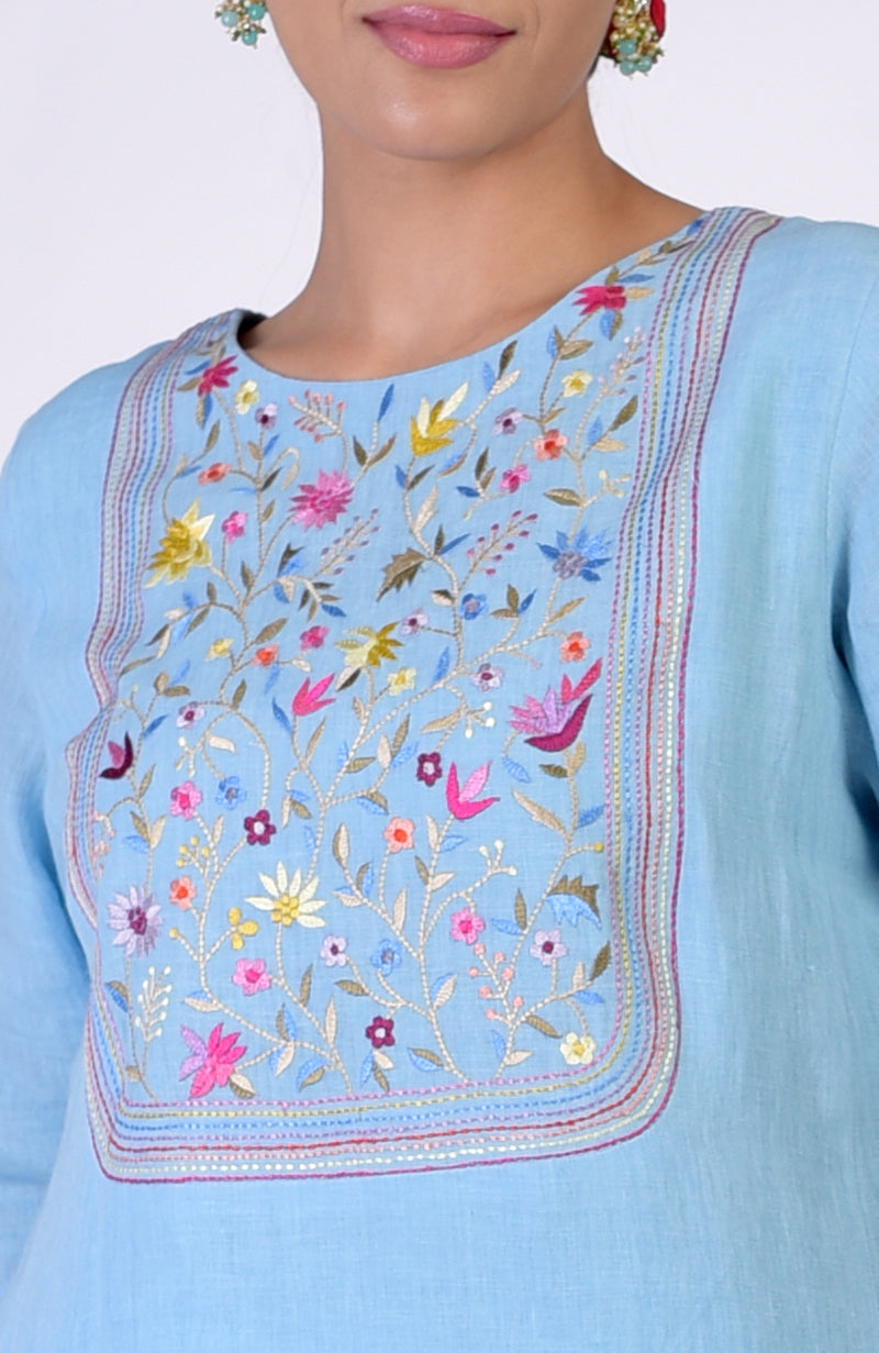 Cerulean Blue Parsi Gara Embroidered Linen Kurta Set