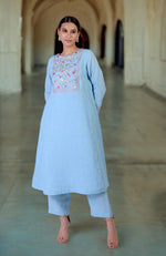 Cerulean Blue Parsi Gara Embroidered Linen Kurta Set