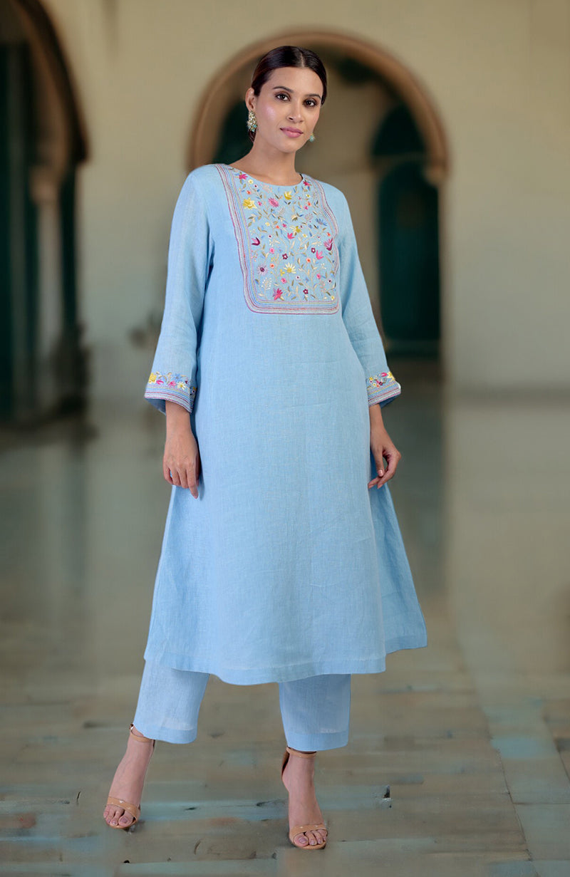 Living Coral Parsi Gara Embroidered Linen Kurta Set
