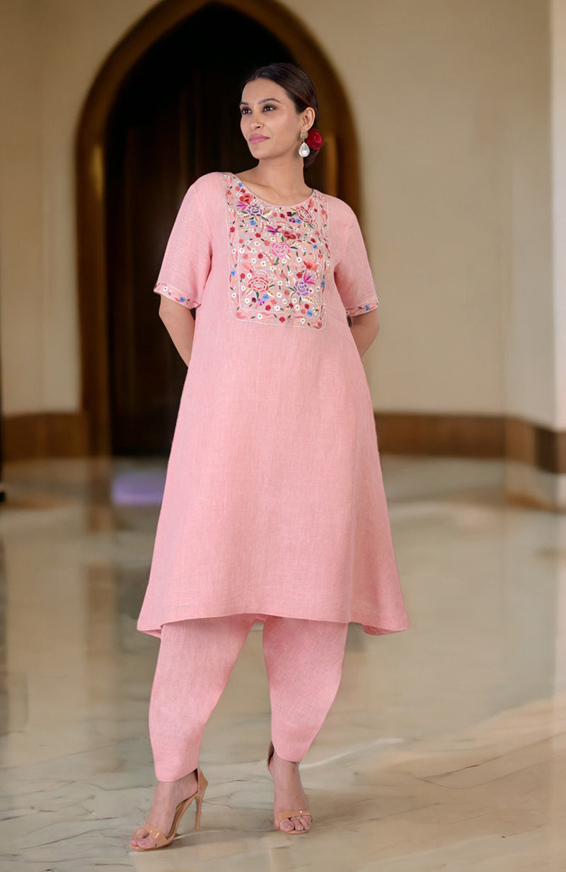 Pink Champagne Parsi Gara Embroidered Linen Kurta Set