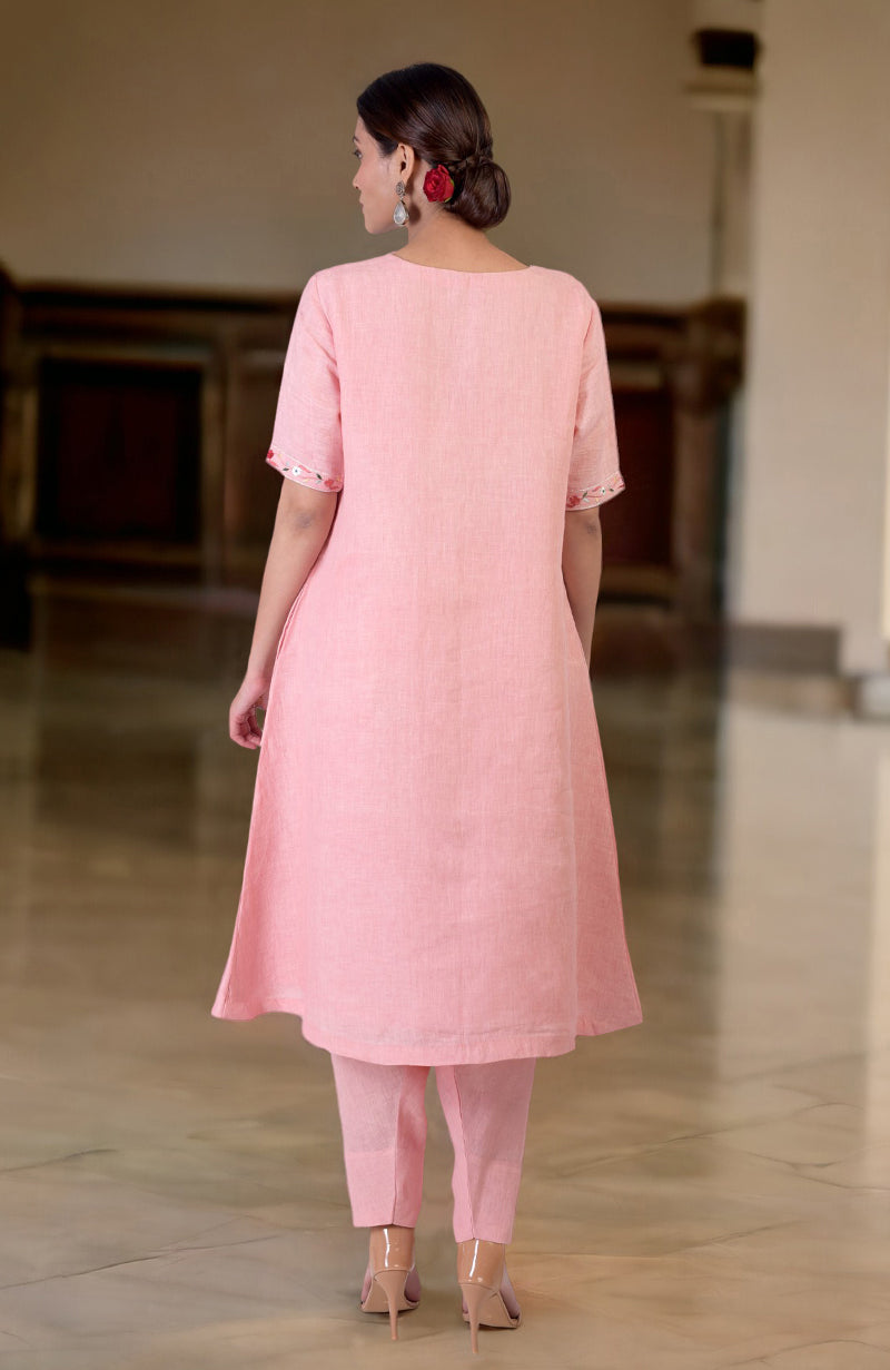 Pink Champagne Parsi Gara Embroidered Linen Kurta Set