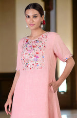 Pink Champagne Parsi Gara Embroidered Linen Kurta Set