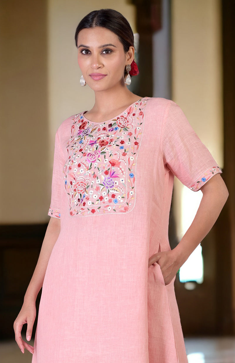 Pink Champagne Parsi Gara Embroidered Linen Kurta Set