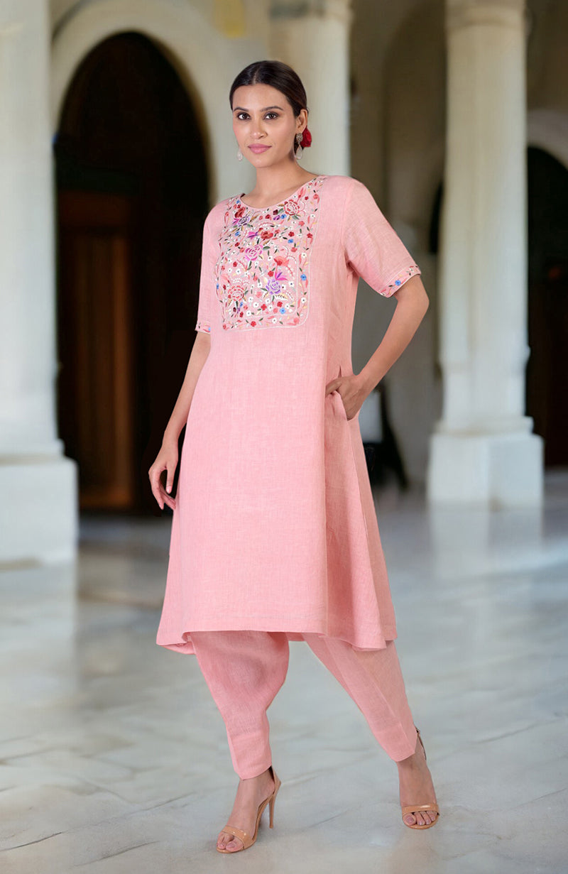Pink Champagne Parsi Gara Embroidered Linen Kurta Set