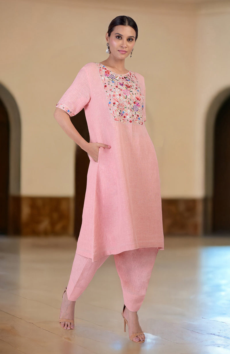 Pink Champagne Parsi Gara Embroidered Linen Kurta Set