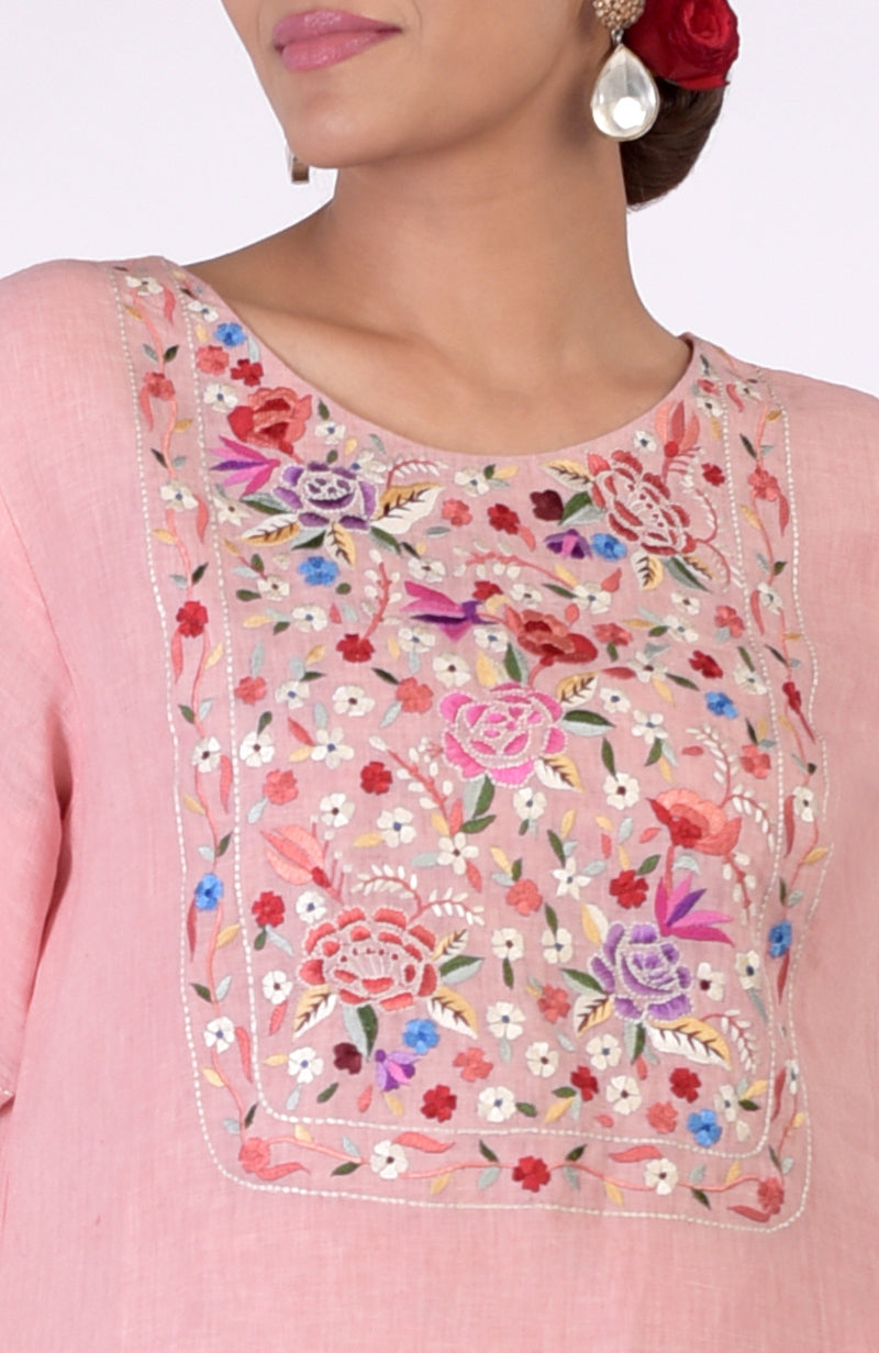 Pink Champagne Parsi Gara Embroidered Linen Kurta Set