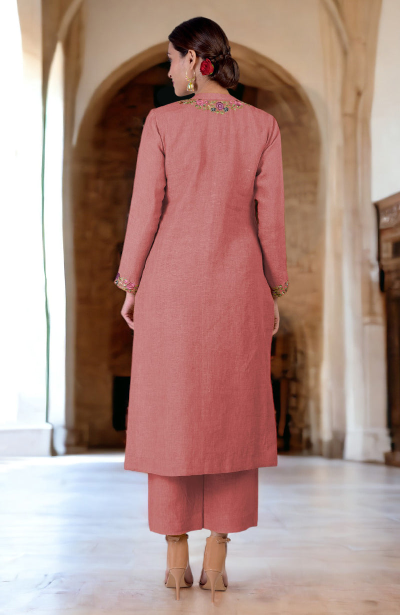 Desert Rose Parsi Gara Embroidered Linen Kurta Set