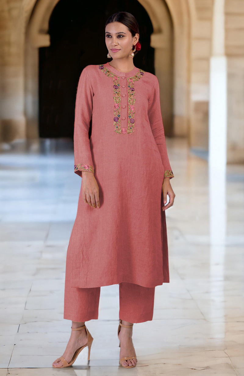 Desert Rose Parsi Gara Embroidered Linen Kurta Set