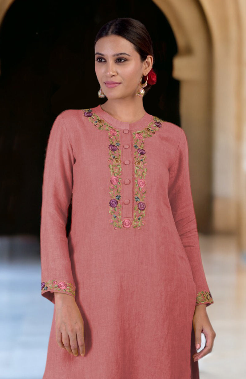 Desert Rose Parsi Gara Embroidered Linen Kurta Set
