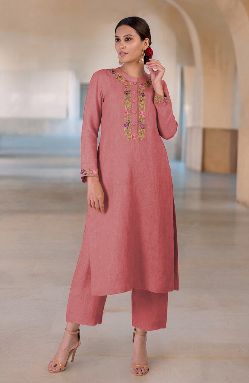 Desert Rose Parsi Gara Embroidered Linen Kurta Set