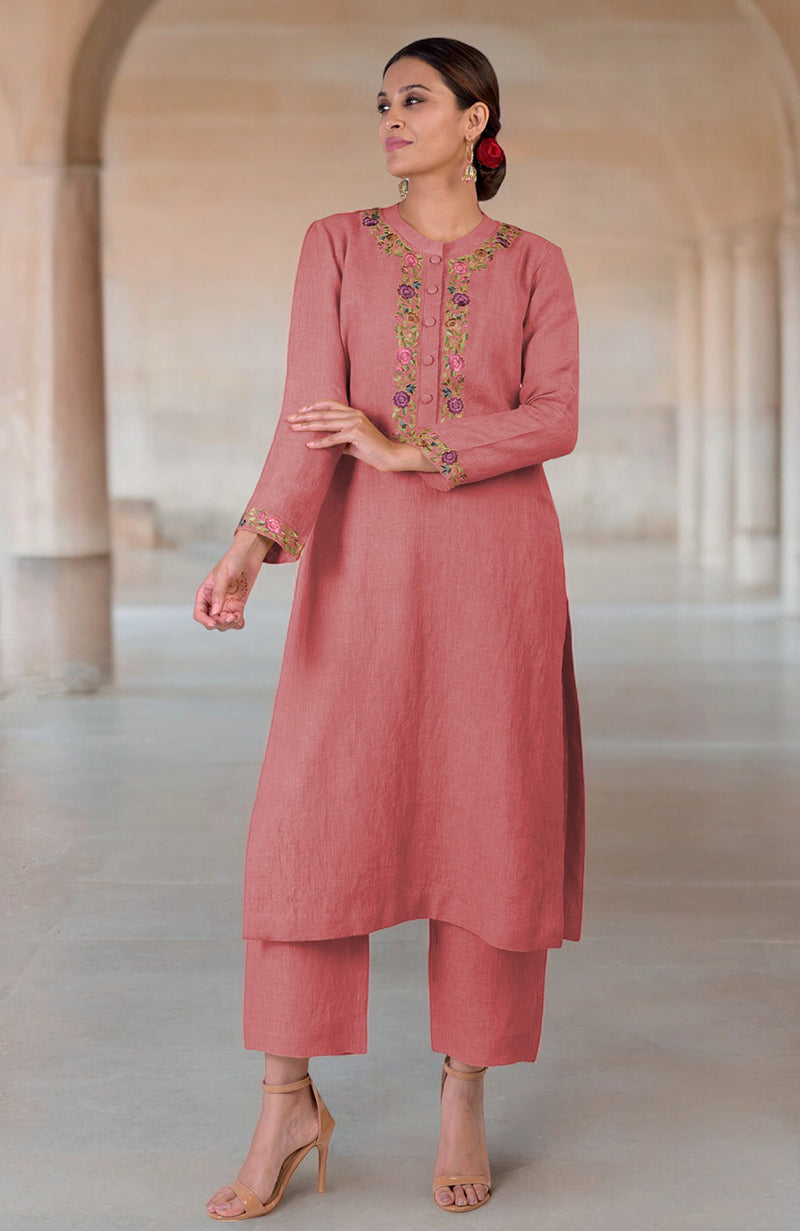 Desert Rose Parsi Gara Embroidered Linen Kurta Set
