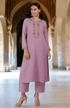 Smoky Grape Parsi Gara Embroidered Linen Kurta Set