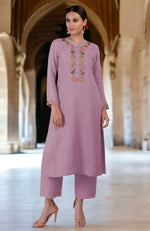 Smoky Grape Parsi Gara Embroidered Linen Kurta Set