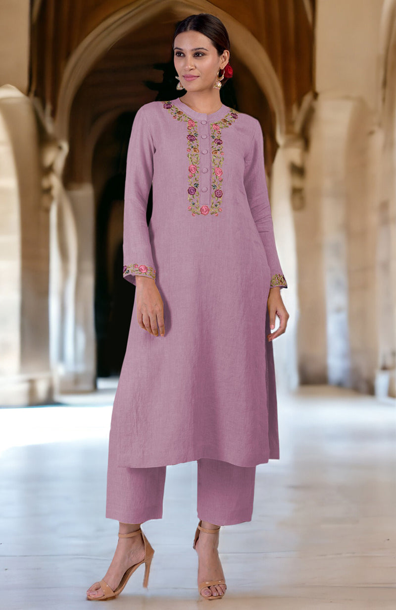 Smoky Grape Parsi Gara Embroidered Linen Kurta Set